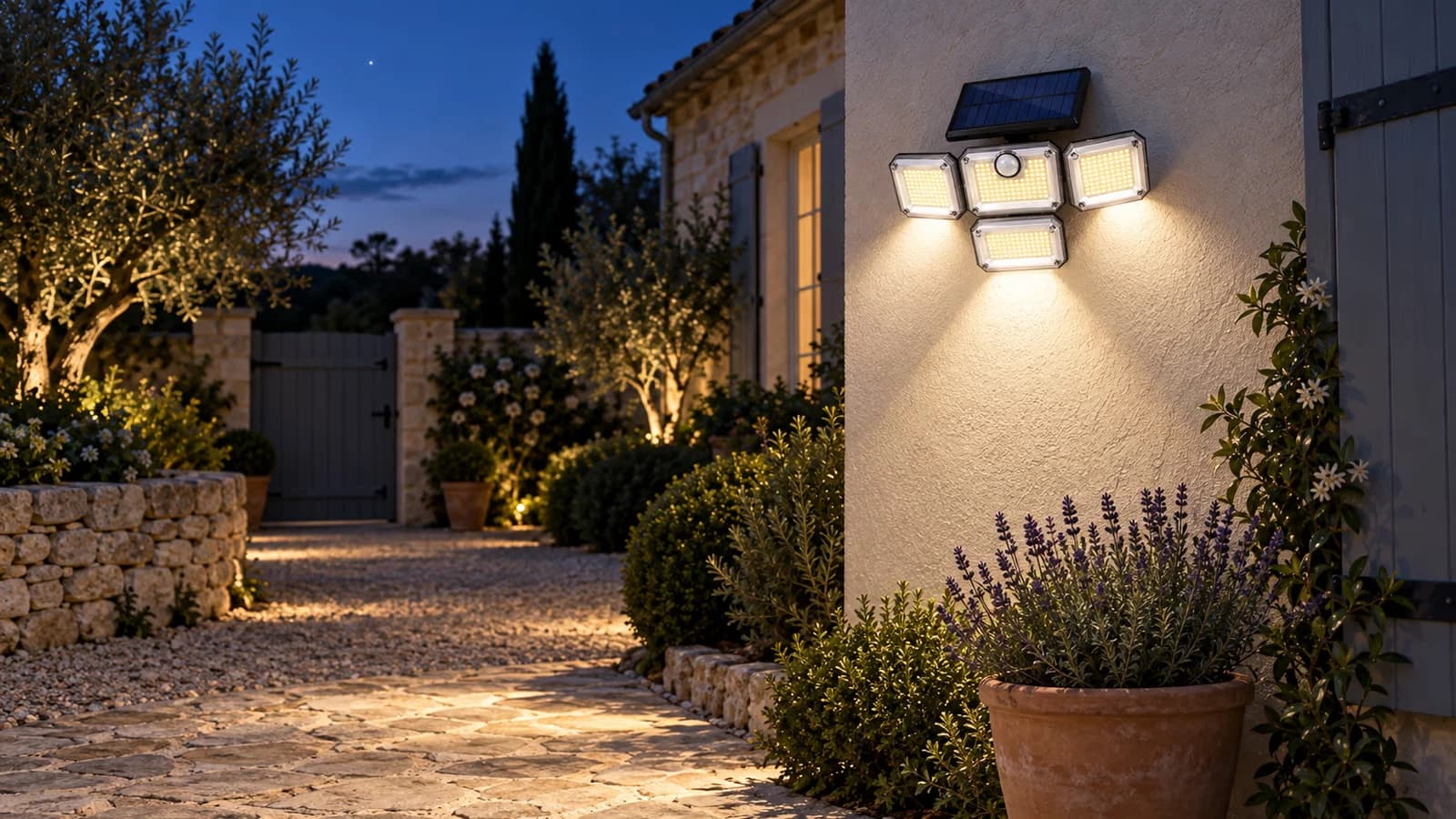 Lampe solaire noire à quatre têtes fixée en haut d'un mur, cour éclairée en contrebas à la tombée du jour