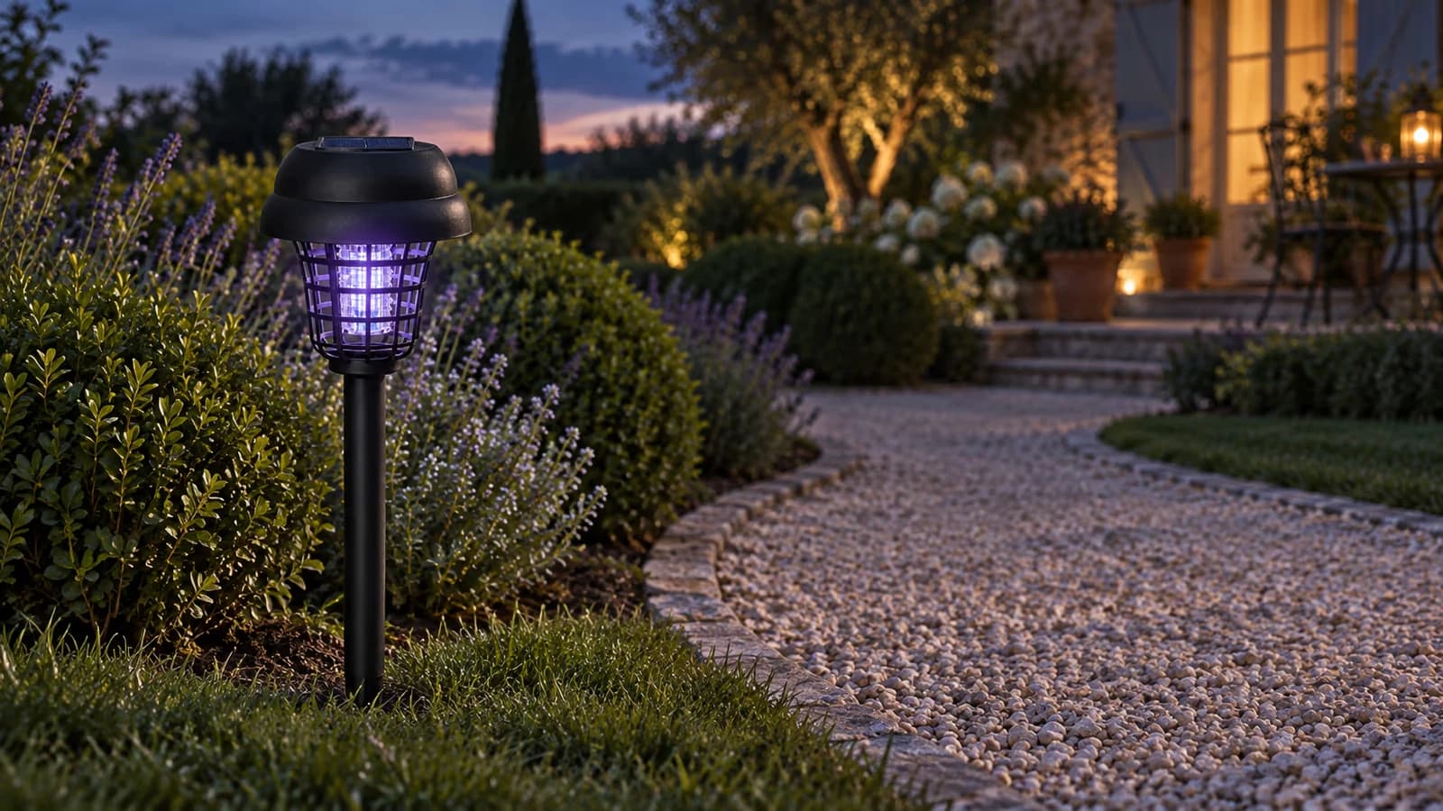 Lampe anti moustique solaire noire plantée en bordure d'une allée gravier au crépuscule, panneau tourné vers le ciel encore clair
