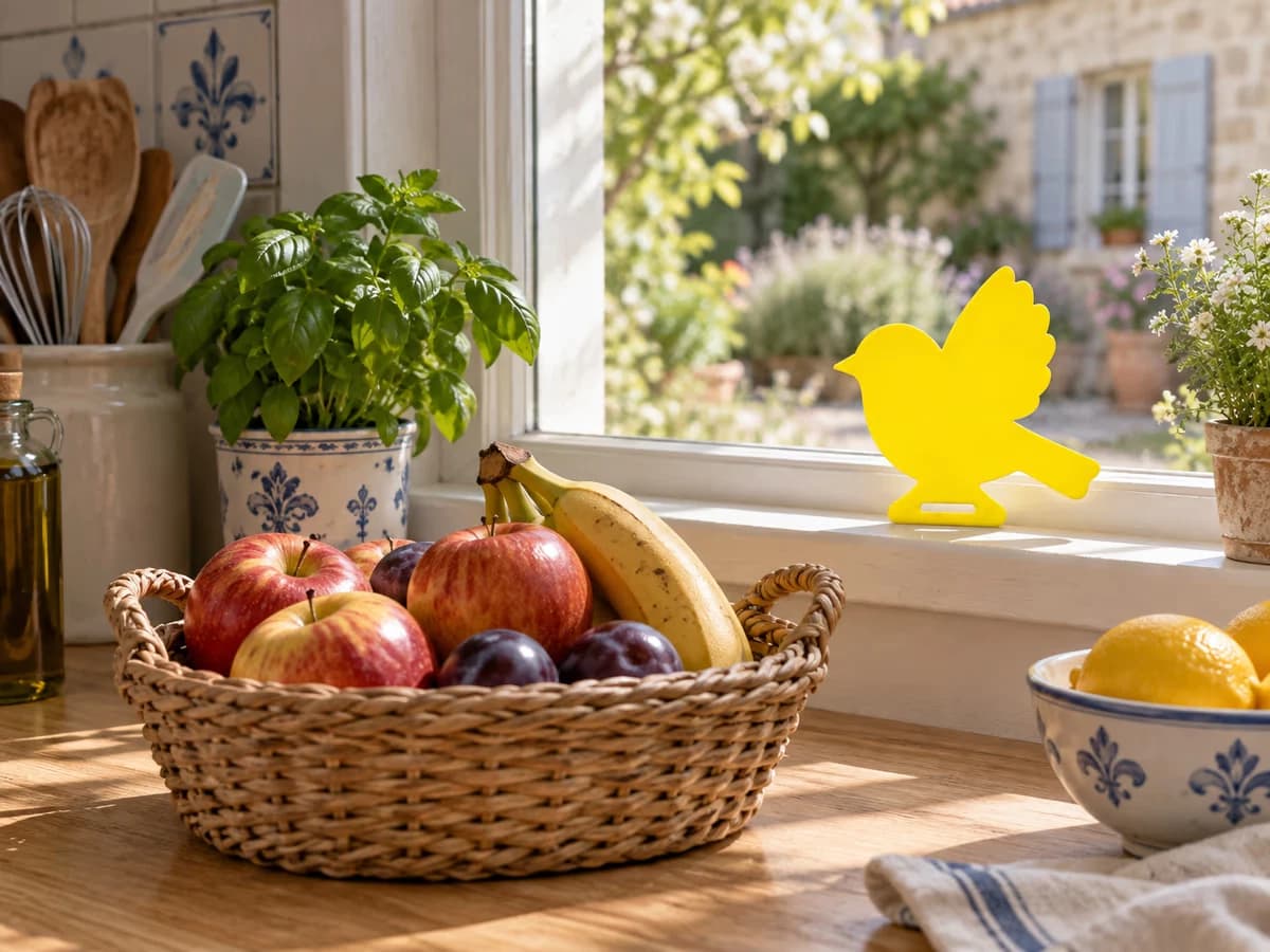 Plaque collante jaune en forme d'oiseau posée sur le rebord intérieur d'une fenêtre derrière une corbeille de fruits mûrs