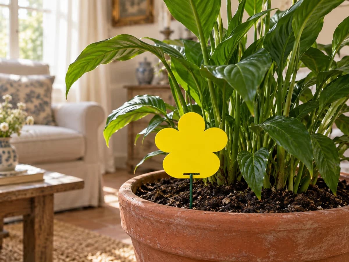 Plaque collante jaune en forme de fleur fichée sur une tige fine au ras du terreau d'un grand pot de plante verte dans un séjour