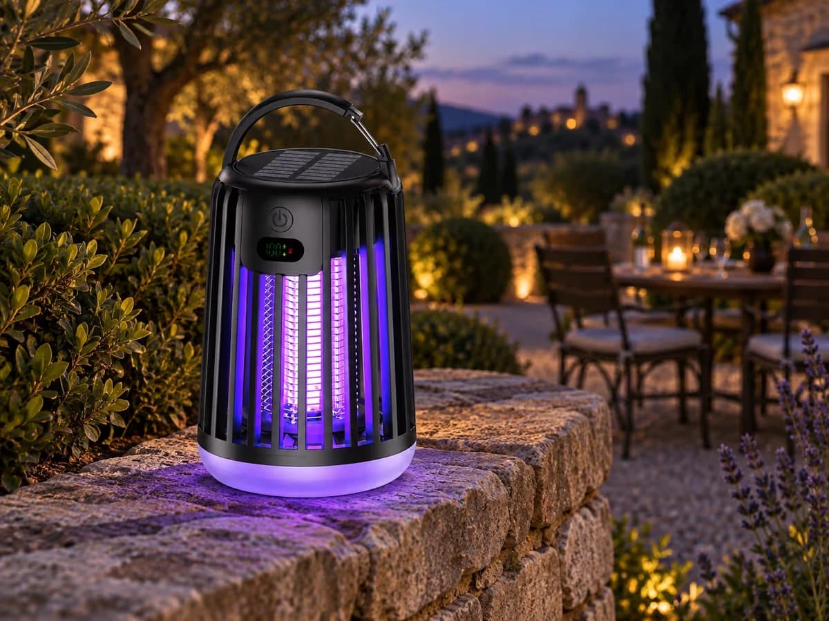Lampe anti-moustique posée sur un muret bas le long d'une haie taillée au crépuscule, table de jardin dressée plus loin dans la pénombre