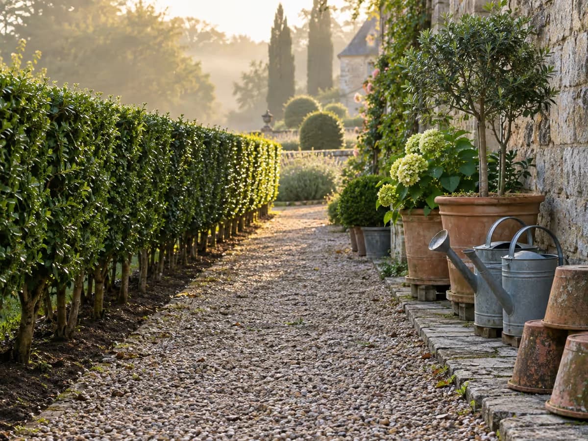 Allée de jardin au petit matin, pied de haie éclairci, seaux et arrosoirs rangés contre un mur, potées relevées sur des cales