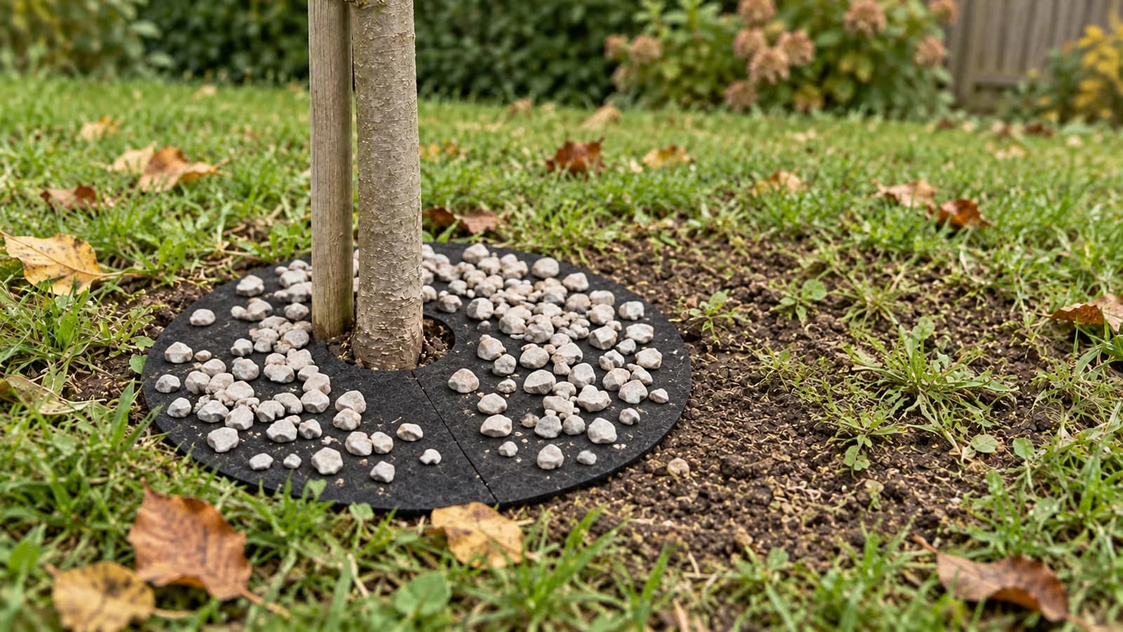 Disque de paillage noir de 25 cm posé à plat au pied d'un jeune arbre, collet dégagé, lit de gravier clair réparti sur le textile