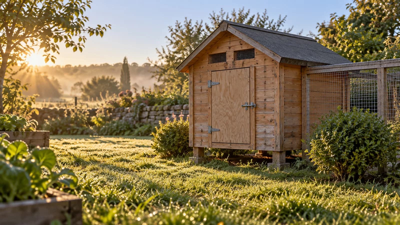 Poulailler en bois fermé dans un jardin au lever du soleil, porte close et aérations ouvertes, rosée sur la pelouse