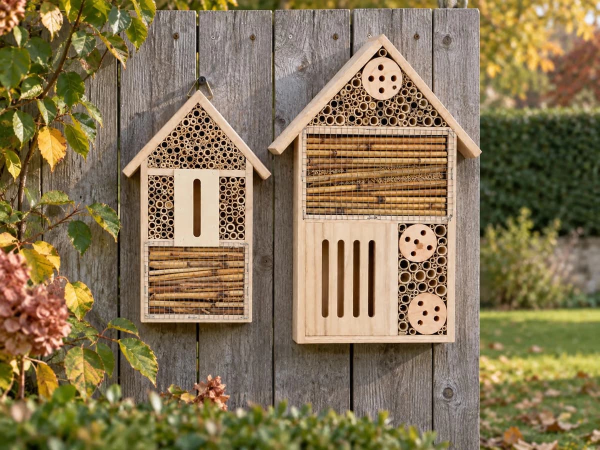 Deux abris à insectes en bois côte à côte sur une clôture, un petit modèle suspendu et un grand modèle mural garni de bambou