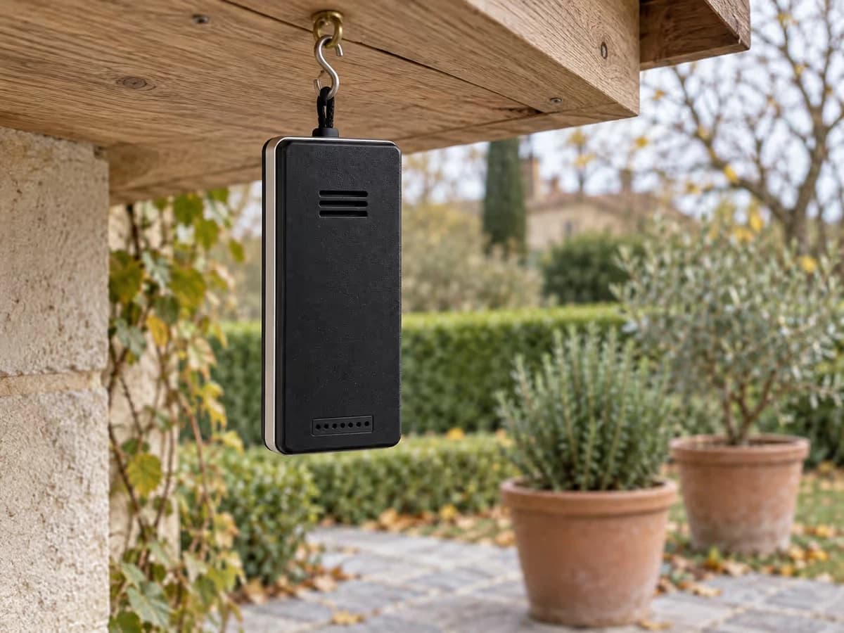 Sonde météo extérieure fixée sous un auvent de bois à l'ombre, pots de plantes et pelouse en arrière-plan
