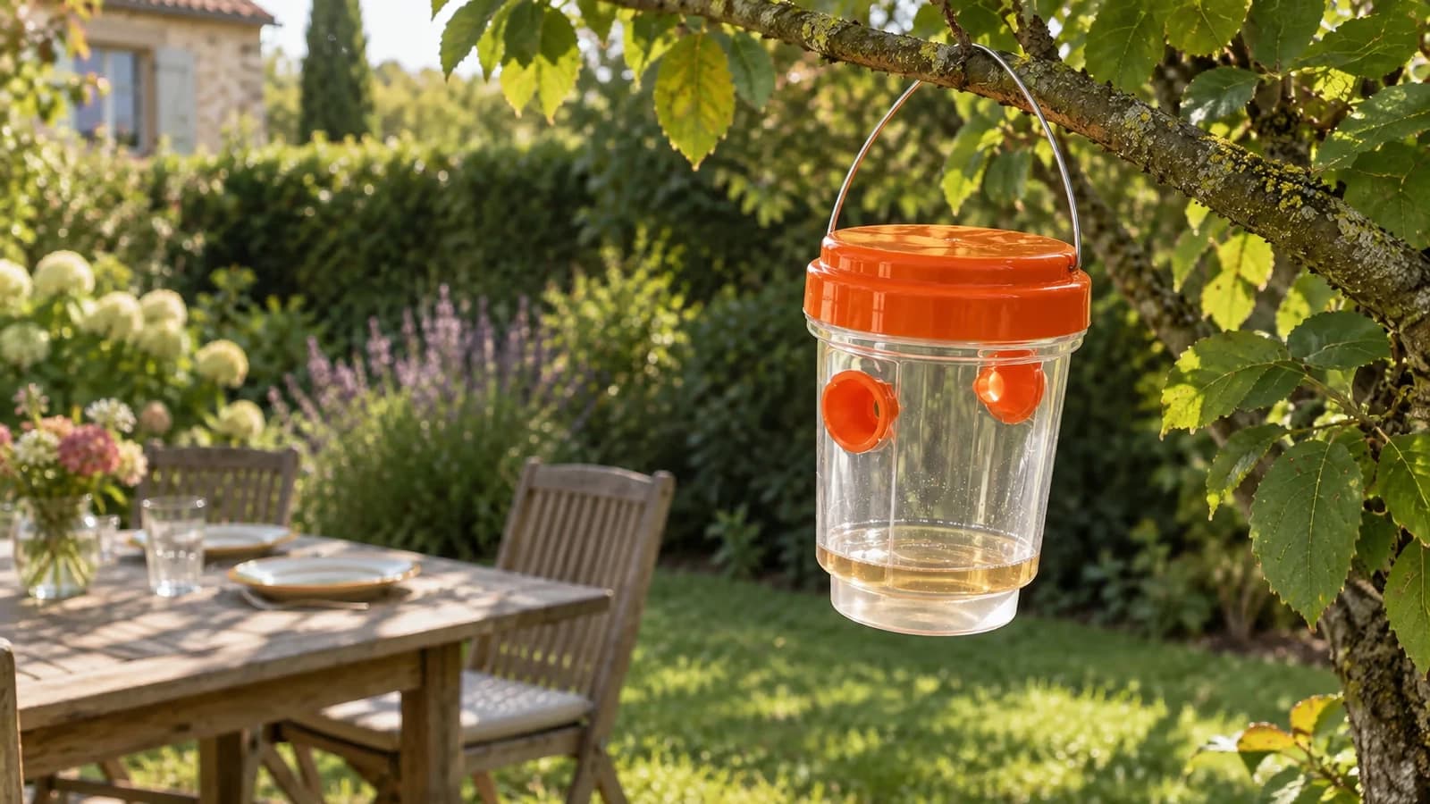 Table de terrasse en bois en fin d'été, piège à guêpes à corps transparent suspendu par son anse à une branche à quelques pas, verres et assiettes au fond