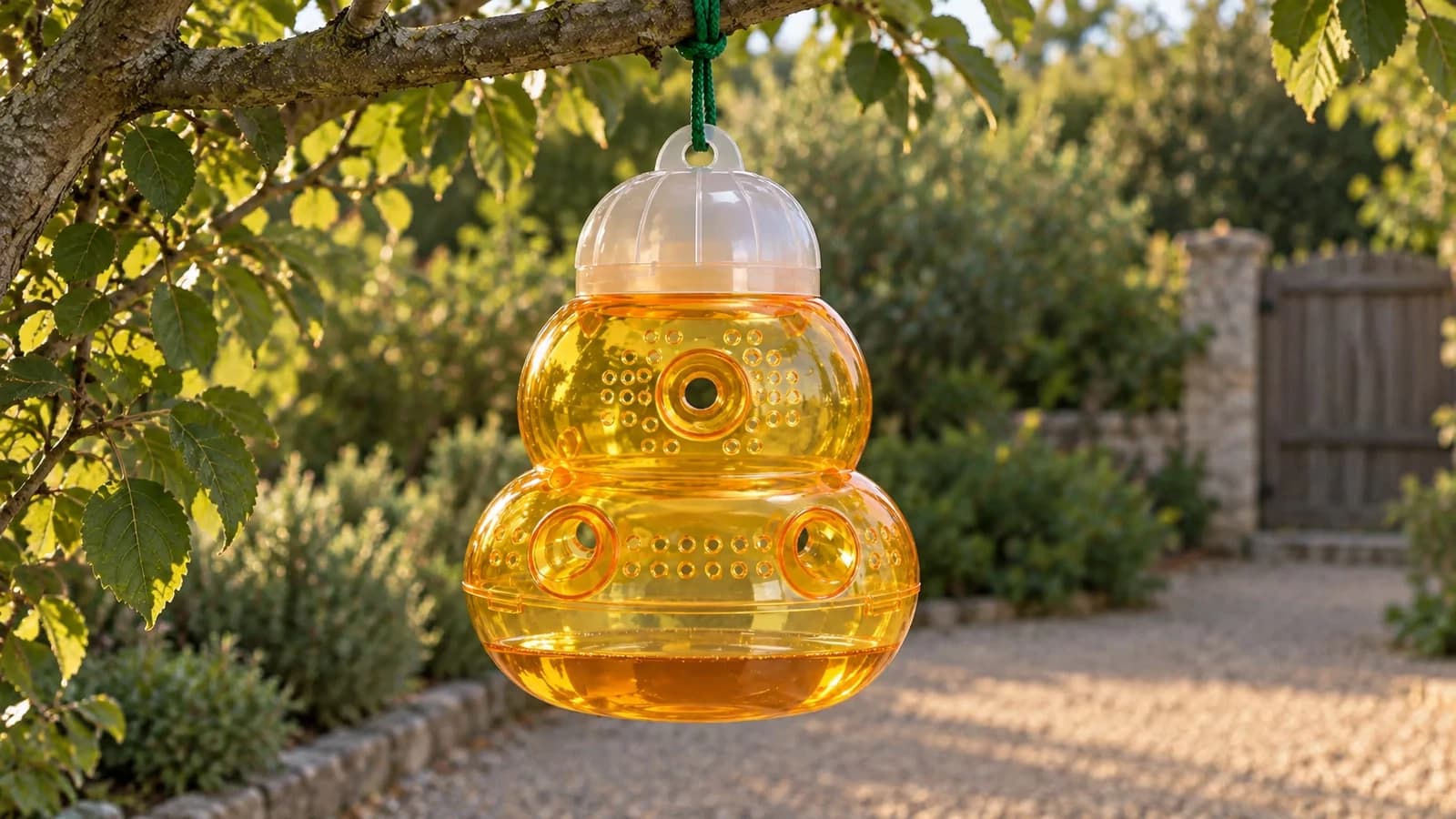 Piège à guêpes en forme de ruche suspendu à une branche dégagée en lisière de terrasse, à distance d'une porte de jardin, lumière de fin d'après-midi