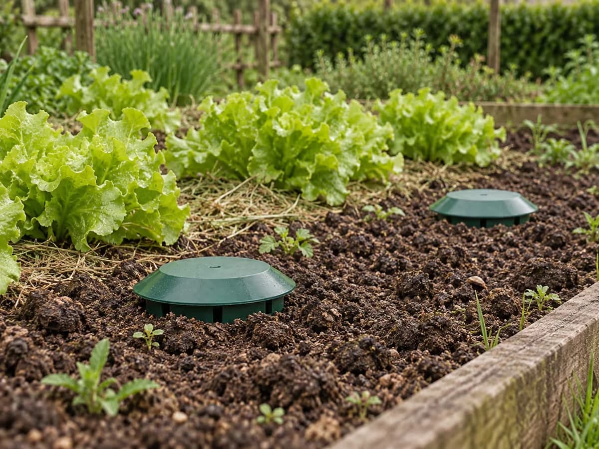 Deux pièges à limaces enterrés au ras du sol en bordure d'une planche de jeunes salades paillée de tontes
