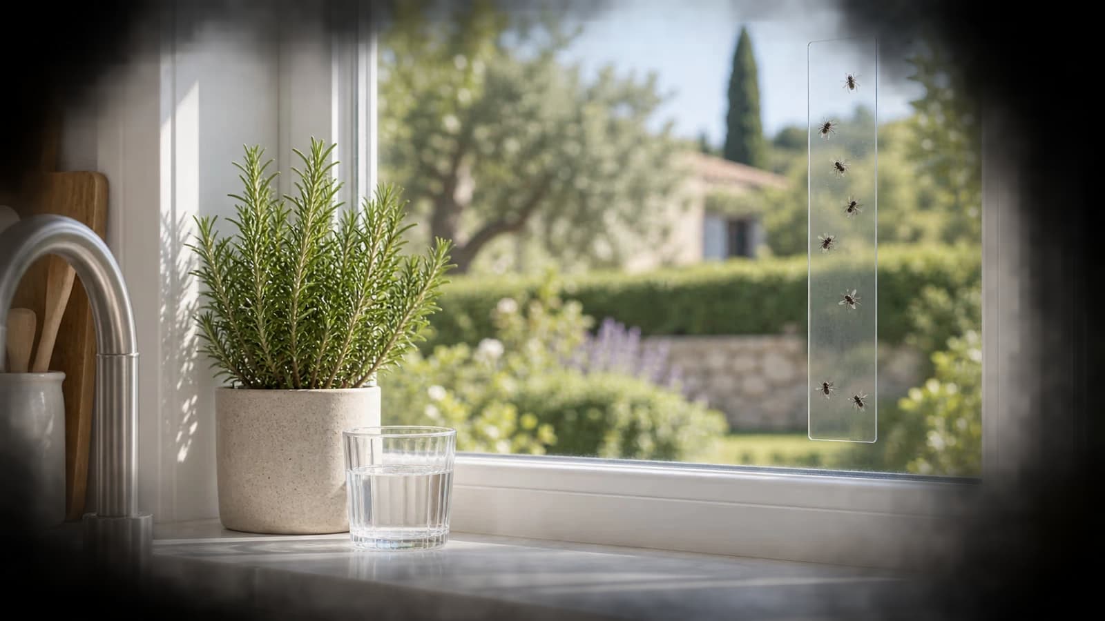 Bande collante transparente posée sur la vitre d'une fenêtre de cuisine, quelques moucherons retenus par la colle