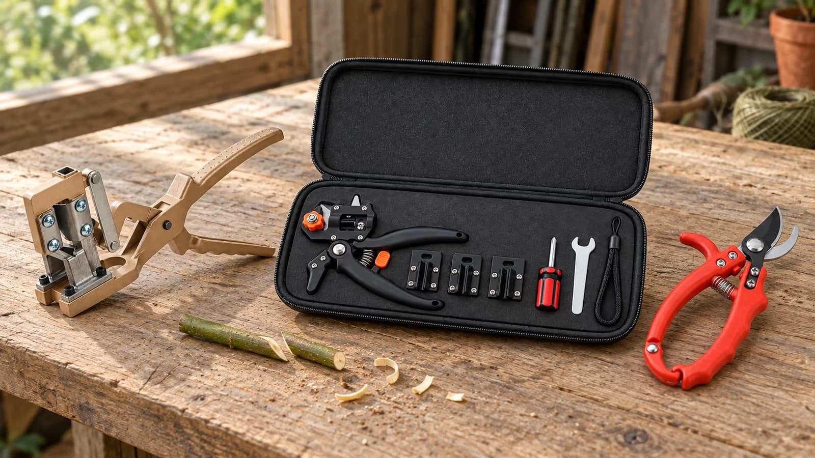 Trois outils de greffage alignés sur un établi de bois : une pince coupe en V ouverte, un sécateur de greffage dans son coffret et une cisaille à main