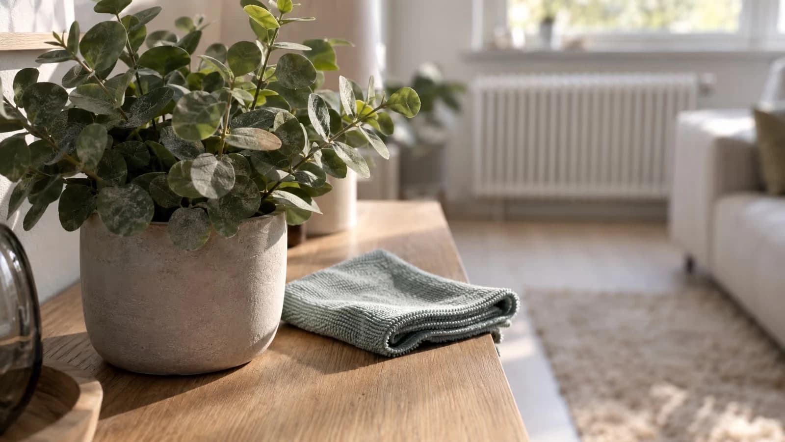 Plante artificielle au feuillage d'eucalyptus dans un pot en grès sur un buffet en bois clair, chiffon microfibre plié à côté, radiateur blanc au fond de la pièce