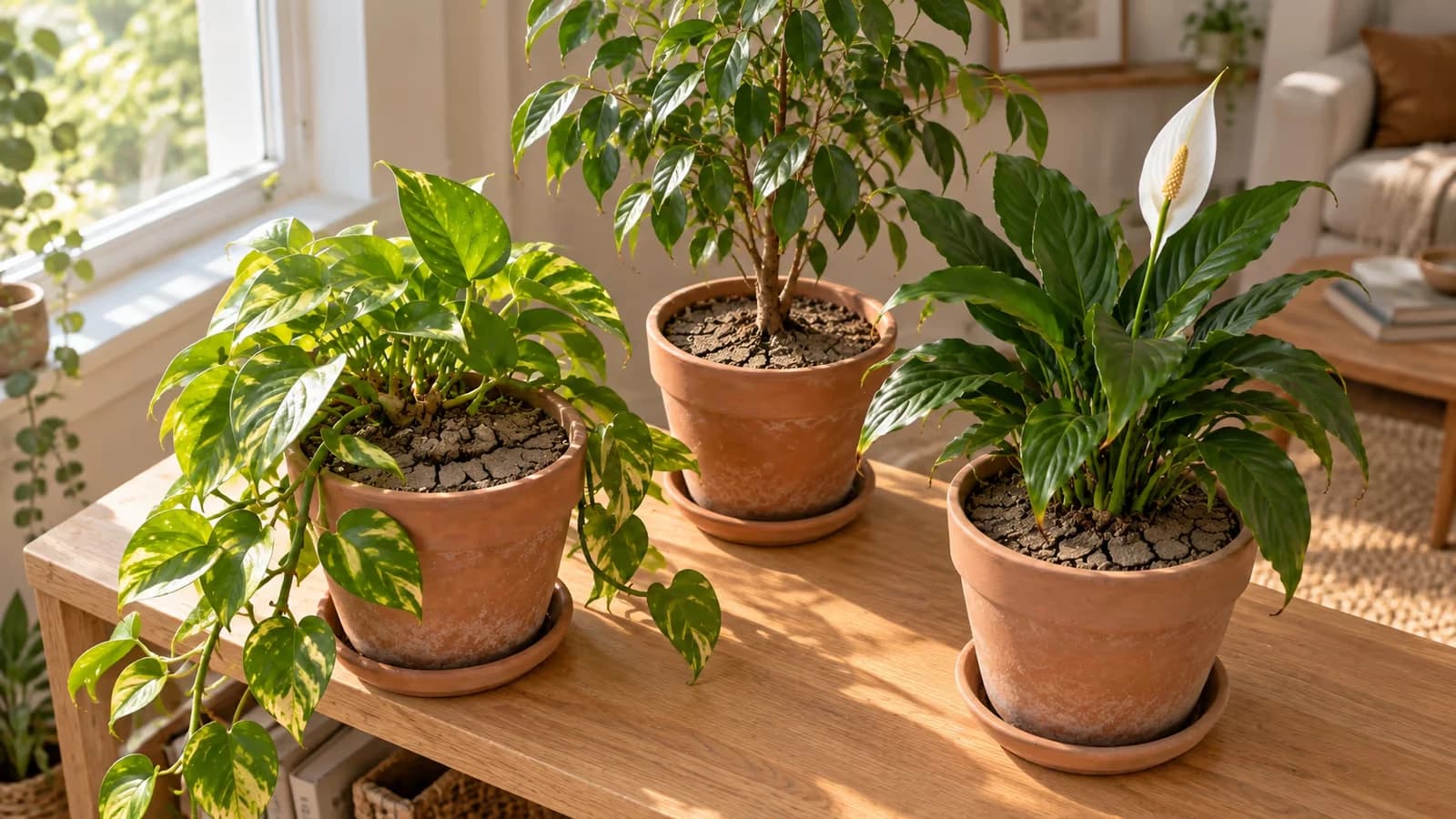 Trois pots de plantes vertes sur une étagère près d'une fenêtre, terreau sec et craquelé en surface