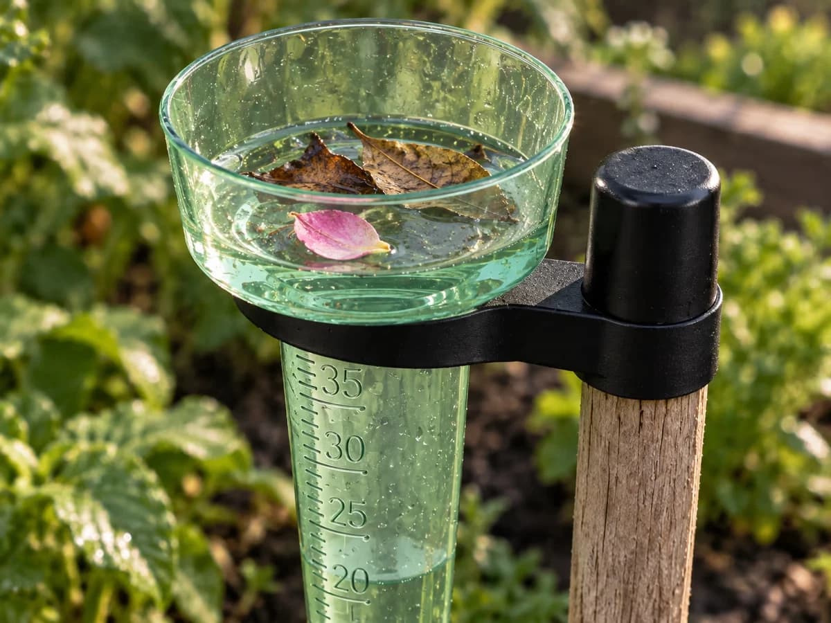 Gros plan sur la coupelle évasée d'un pluviomètre de jardin, quelques feuilles mortes et un pétale posés au fond, graduations du tube visibles