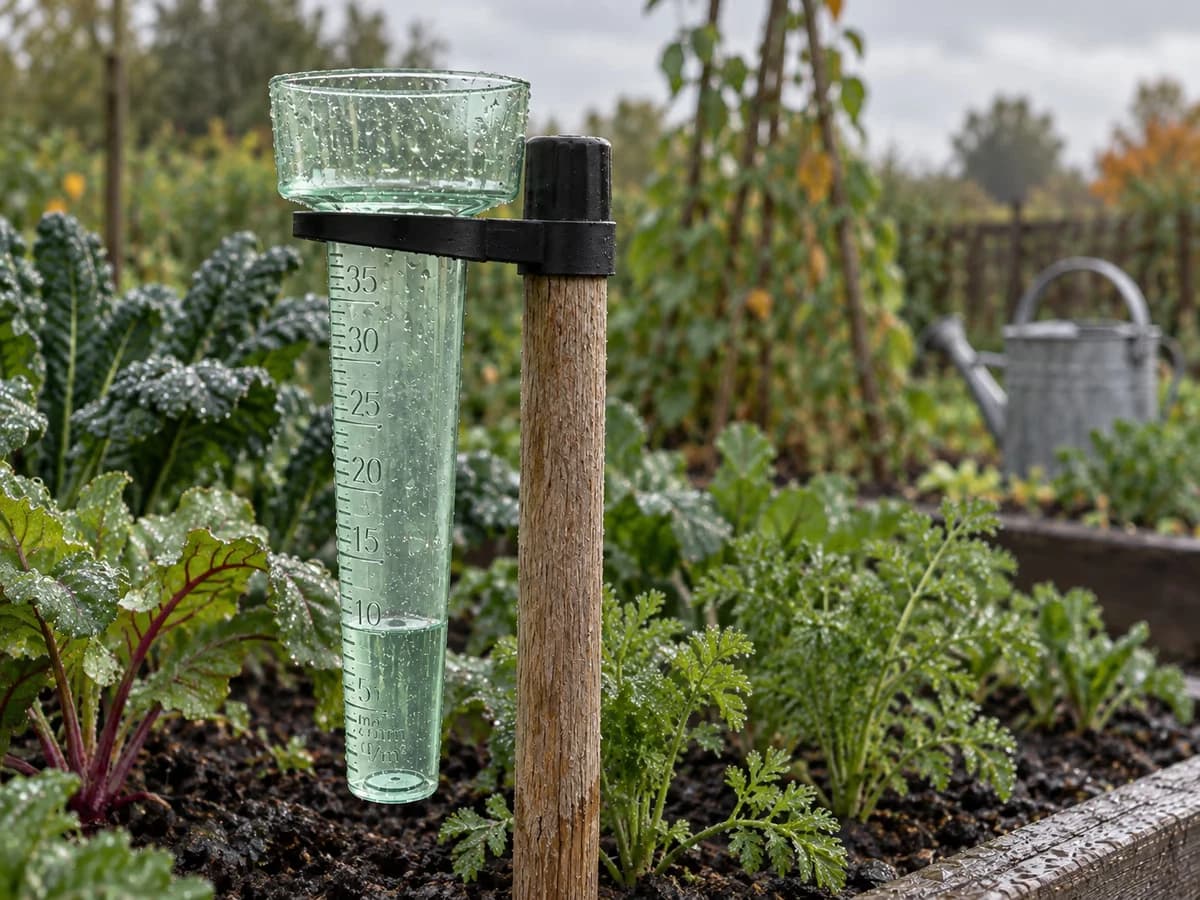Pluviomètre de jardin sur son piquet, tube translucide rempli d'eau de pluie au-dessus du repère dix millimètres, potager mouillé en arrière-plan