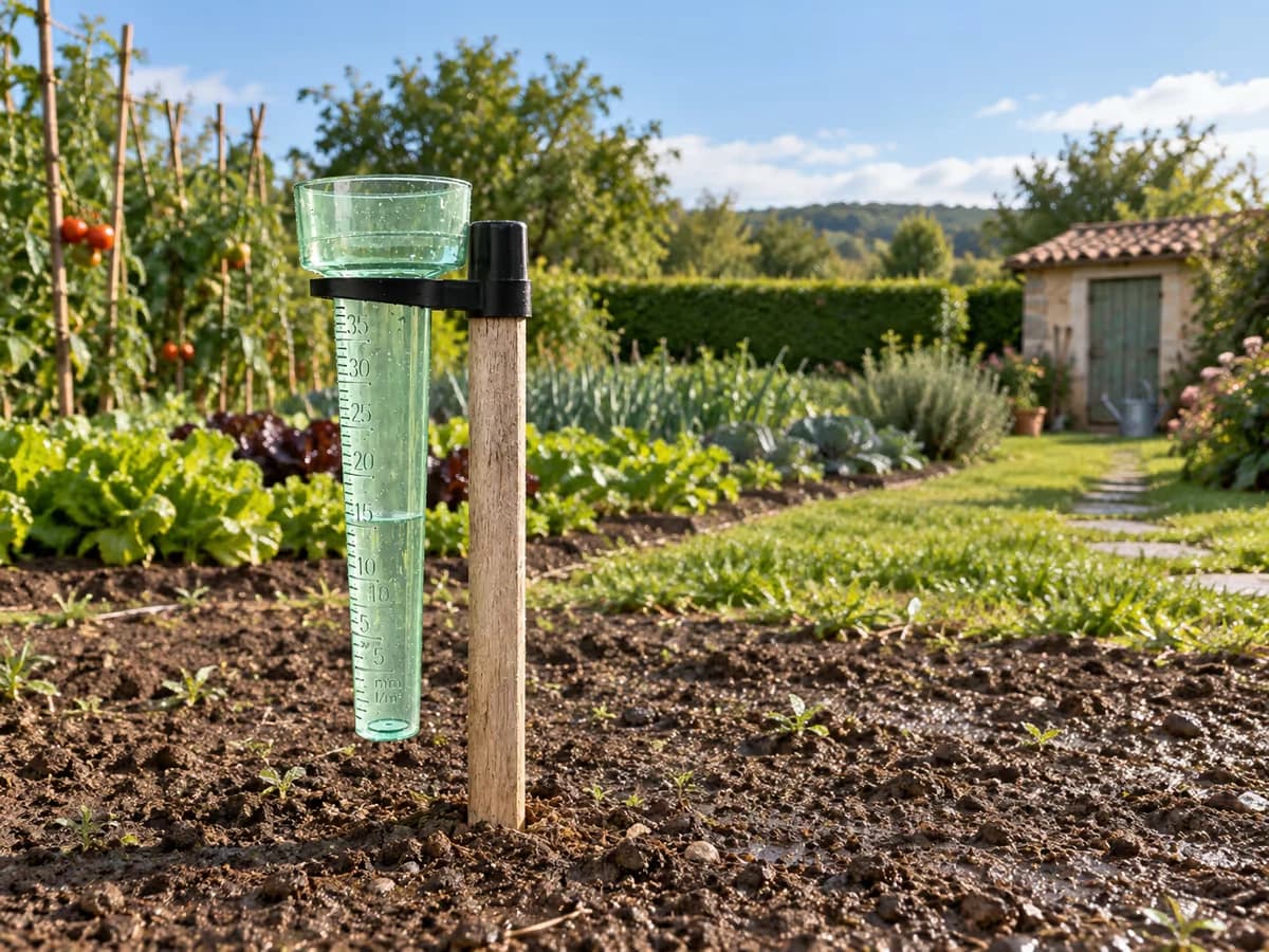 Vue d'ensemble d'un potager français avec un pluviomètre planté à distance des rangs et des haies, ciel dégagé au-dessus