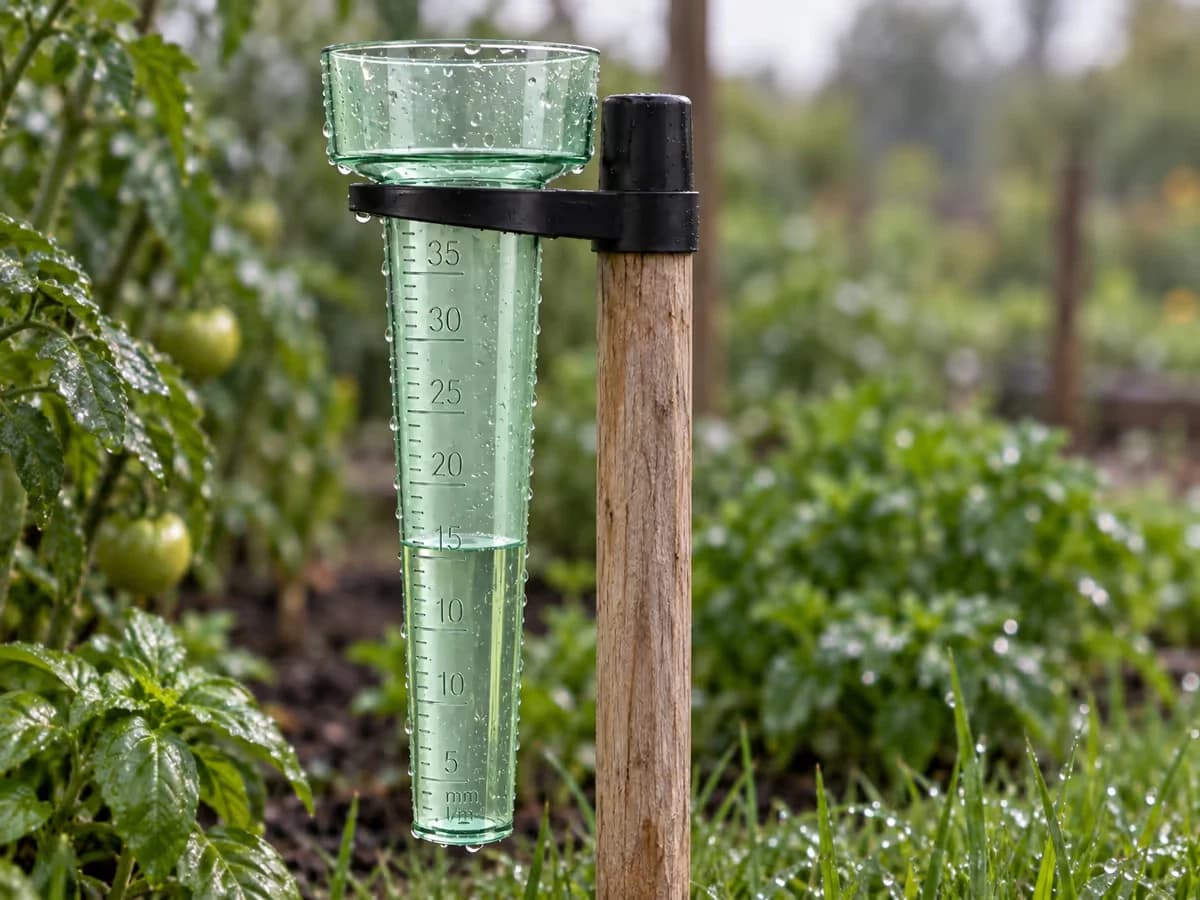 Gros plan sur un tube gradué à graduations millimétriques après une averse, niveau d'eau visible par transparence, herbe humide en arrière-plan