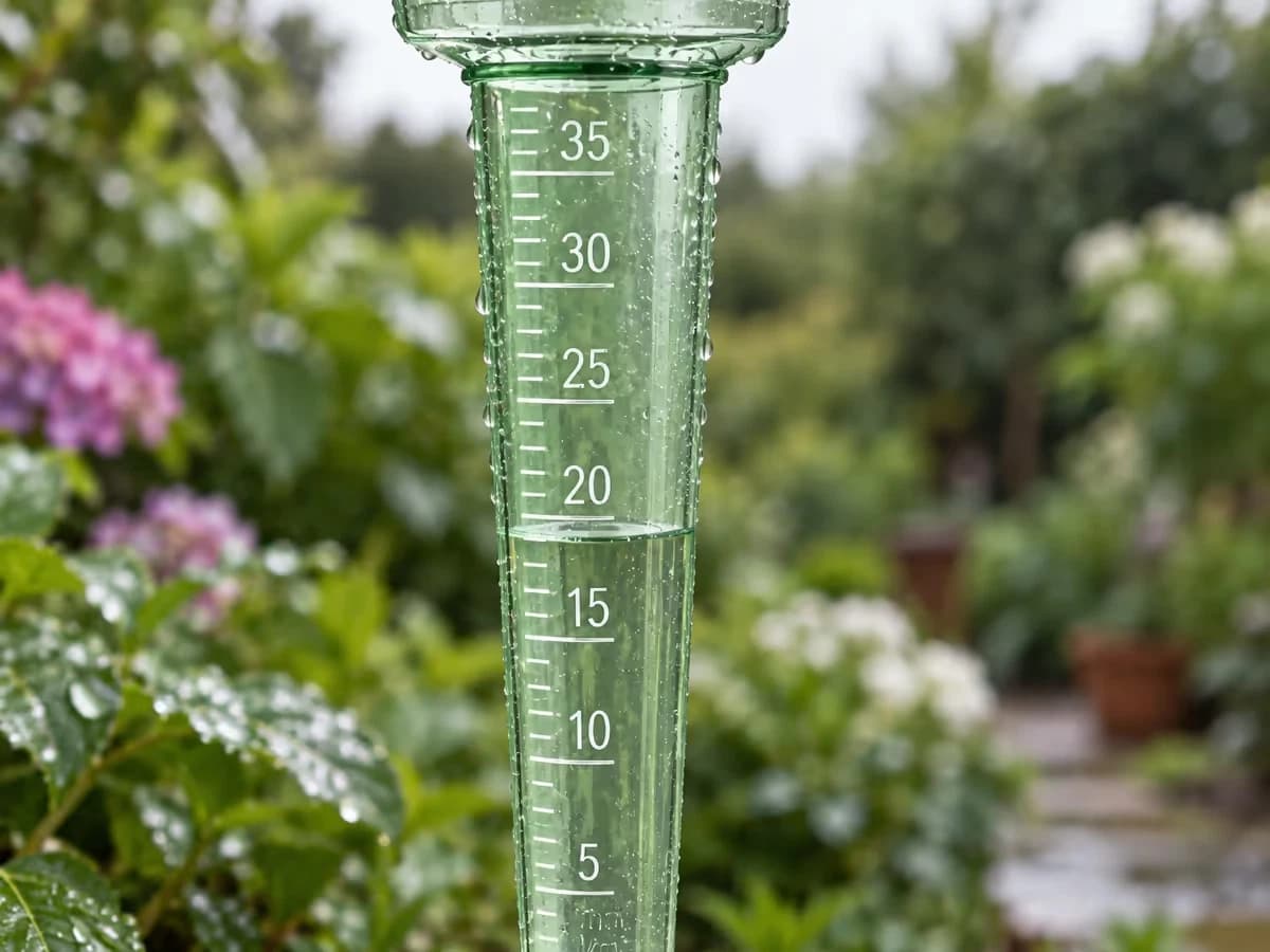 Graduation chiffrée de cinq à trente-cinq millimètres sur le tube translucide d'un pluviomètre de jardin, eau arrêtée juste au-dessus d'un trait intermédiaire