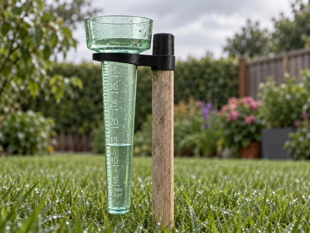 Bague de fixation noire et anneau maintenant le tube translucide d'un pluviomètre sur un piquet planté droit dans une pelouse, graduations visibles sur toute la hauteur