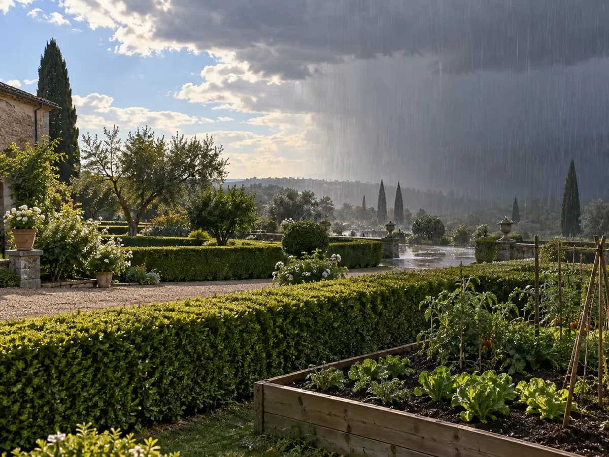 Rideau de pluie visible sur une moitié de jardin, haie taillée au premier plan, carré de potager encore sec de l'autre côté, ciel partagé entre nuage sombre et éclaircie