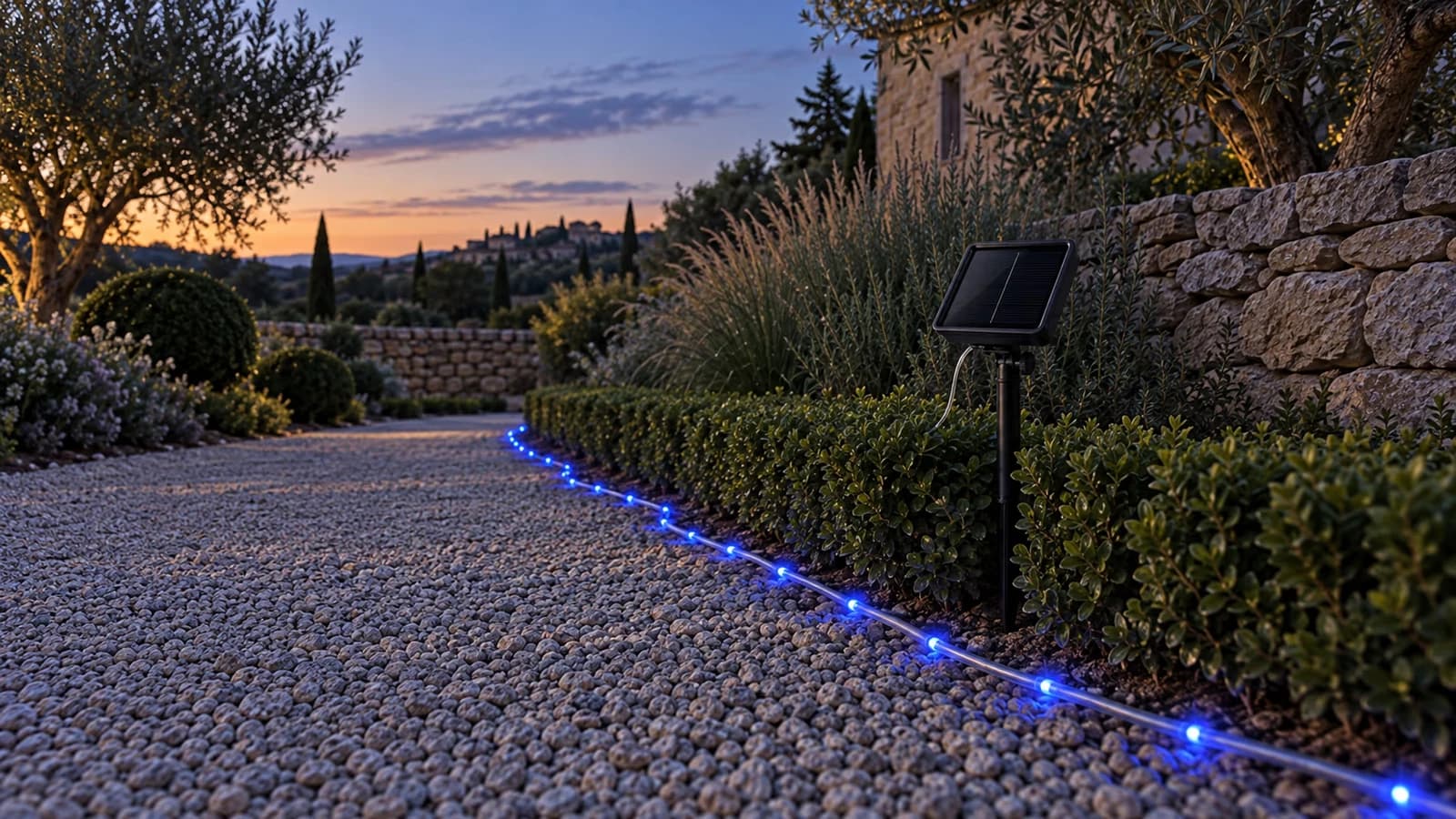 Une corde lumineuse solaire bleue posée au bord d'une allée de jardin en gravier à la tombée de la nuit