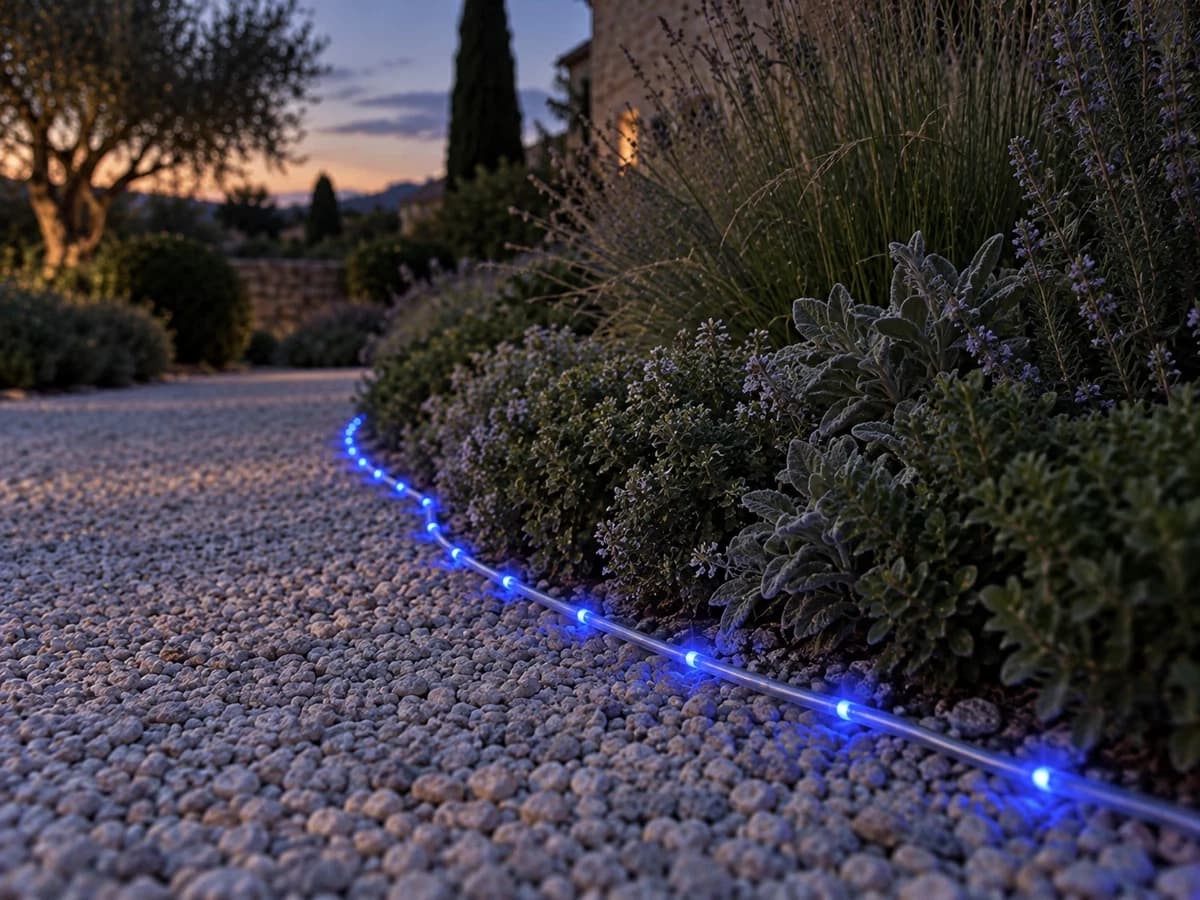 Une corde bleue lumineuse posée en courbe au pied d'un massif de vivaces