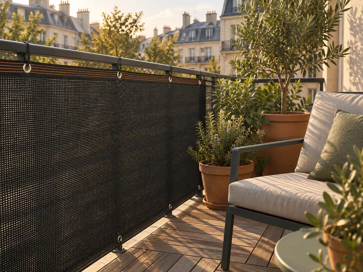 Ombre portée d'une toile d'occultation sur un fauteuil de balcon et des pots de plantes en fin d'après-midi