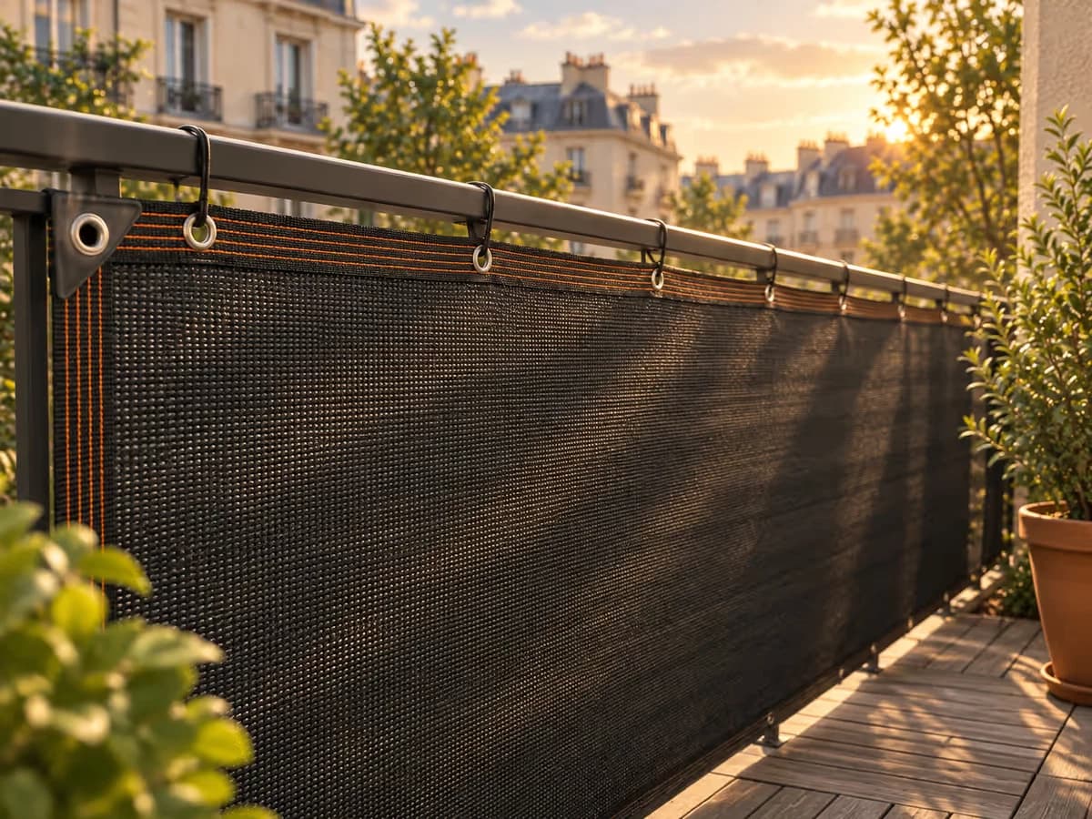 Toile d'occultation noire légèrement ondulée sur un garde-corps de balcon sous une lumière rasante du soir