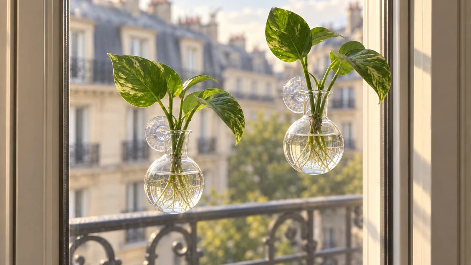 Deux vases muraux transparents suspendus par leur ventouse sur une vitre de balcon, une bouture de pothos dans chacun, lumière de fin d'après-midi