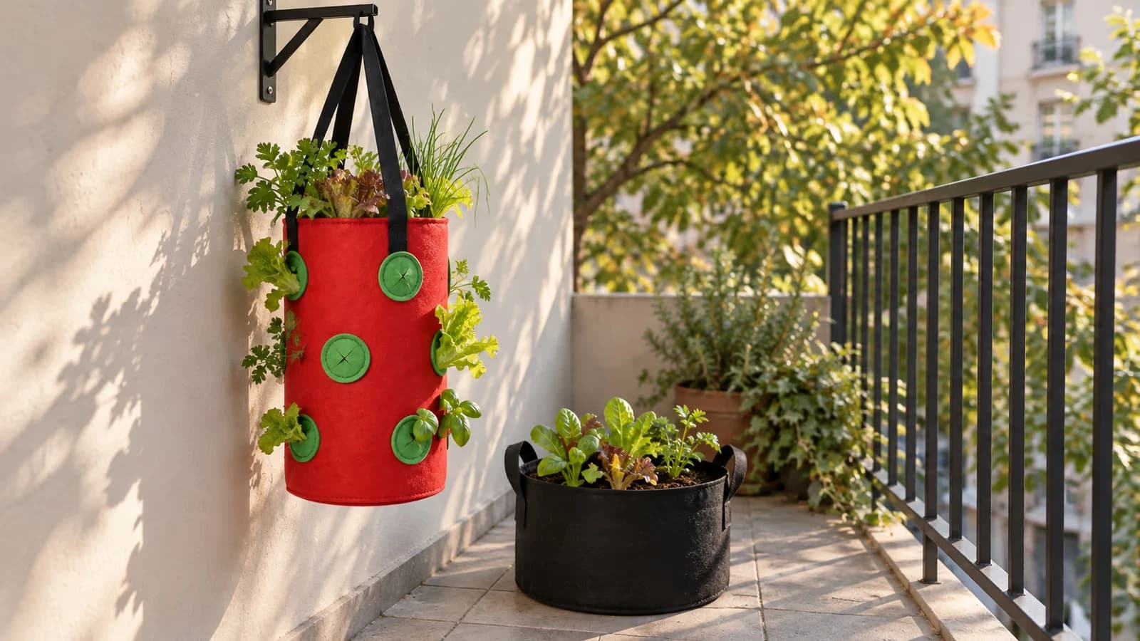 Sac de plantation à suspendre rouge à treize poches garnies, accroché au mur d'un balcon au-dessus d'un pot en tissu