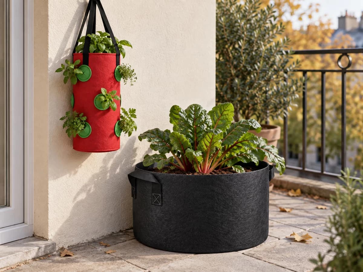 Sac de culture grand format noir posé au sol au pied d'un mur, à côté d'un sac de plantation suspendu plus étroit