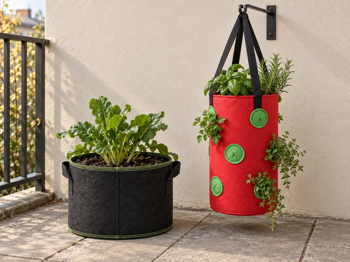 Pot en tissu noir de 11 litres posé au sol à côté d'un sac de plantation à suspendre garni, de volume comparable