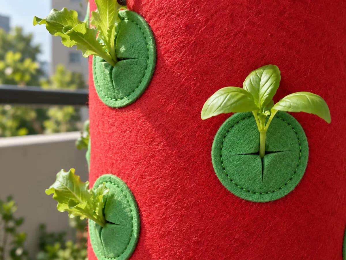 Gros plan sur des poches vertes cousues sur un sac de plantation suspendu rouge, chacune tenue par une jeune plante