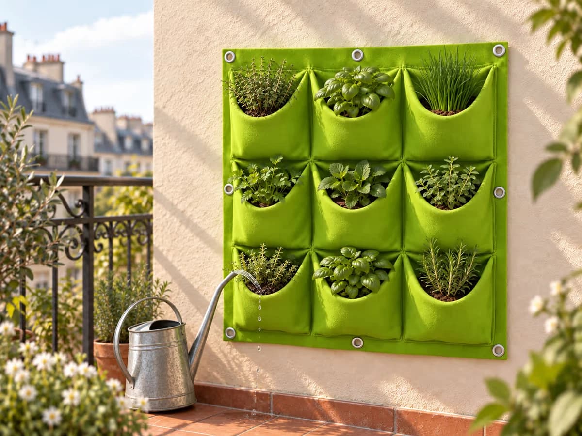 Arrosoir à bec fin versé au pied d'une pochette de feutre plantée de thym, les autres pochettes sèches autour, lumière du matin sur un mur de balcon