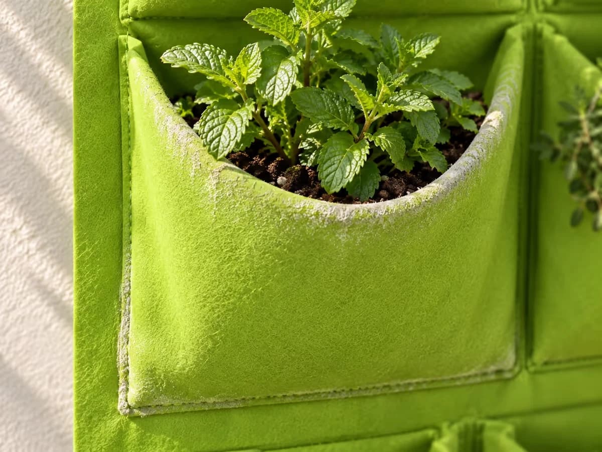 Gros plan sur le bord d'une pochette de feutre vert clair garnie de terreau, fines traces blanches de calcaire sur le feutre et menthe fraîche au centre