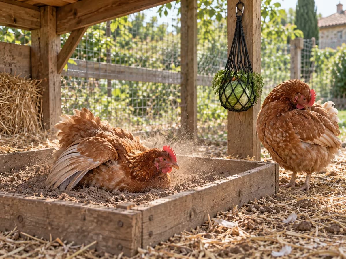 Bac à poussière en bois sous un appentis, terre sèche et sable, deux poules rousses qui s'y épouillent