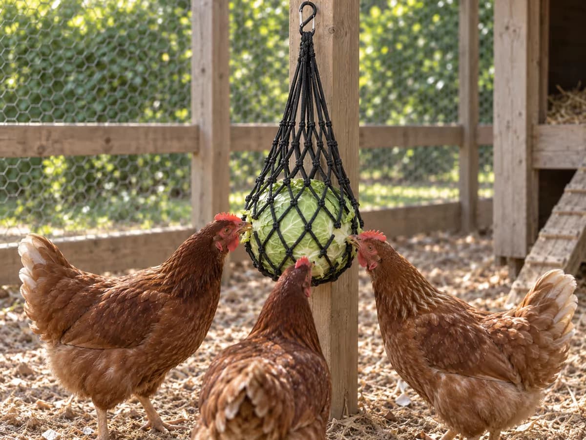 Filet noir à verdure garni d'un chou vert, suspendu à un poteau du parc, trois poules qui picorent dessous