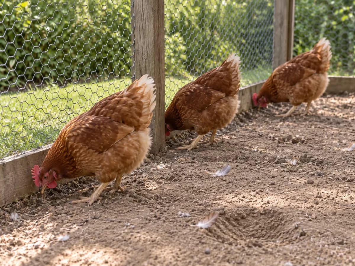 Parc de poules au sol entièrement nu et tassé, quelques poules rousses qui grattent la terre le long du grillage