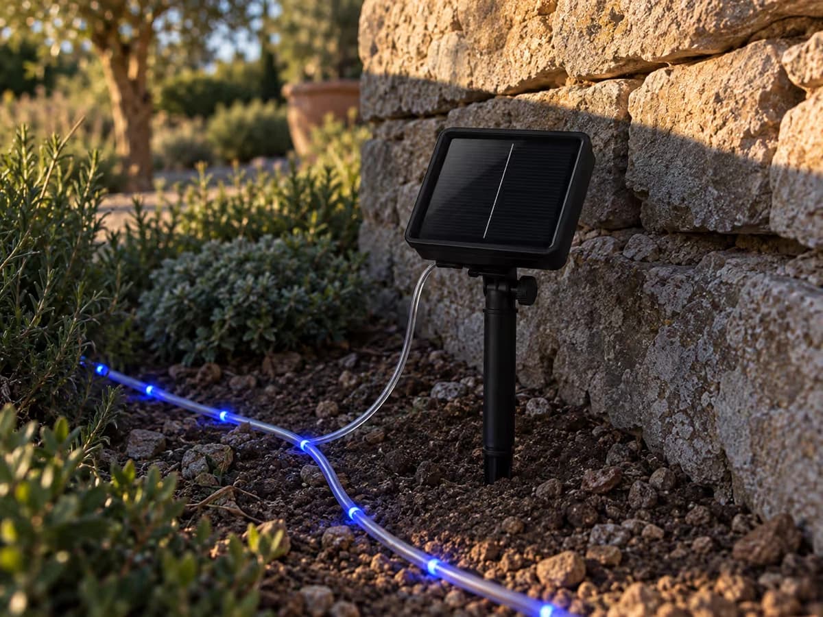 Ombre d'un muret recouvrant un petit panneau solaire planté dans la terre