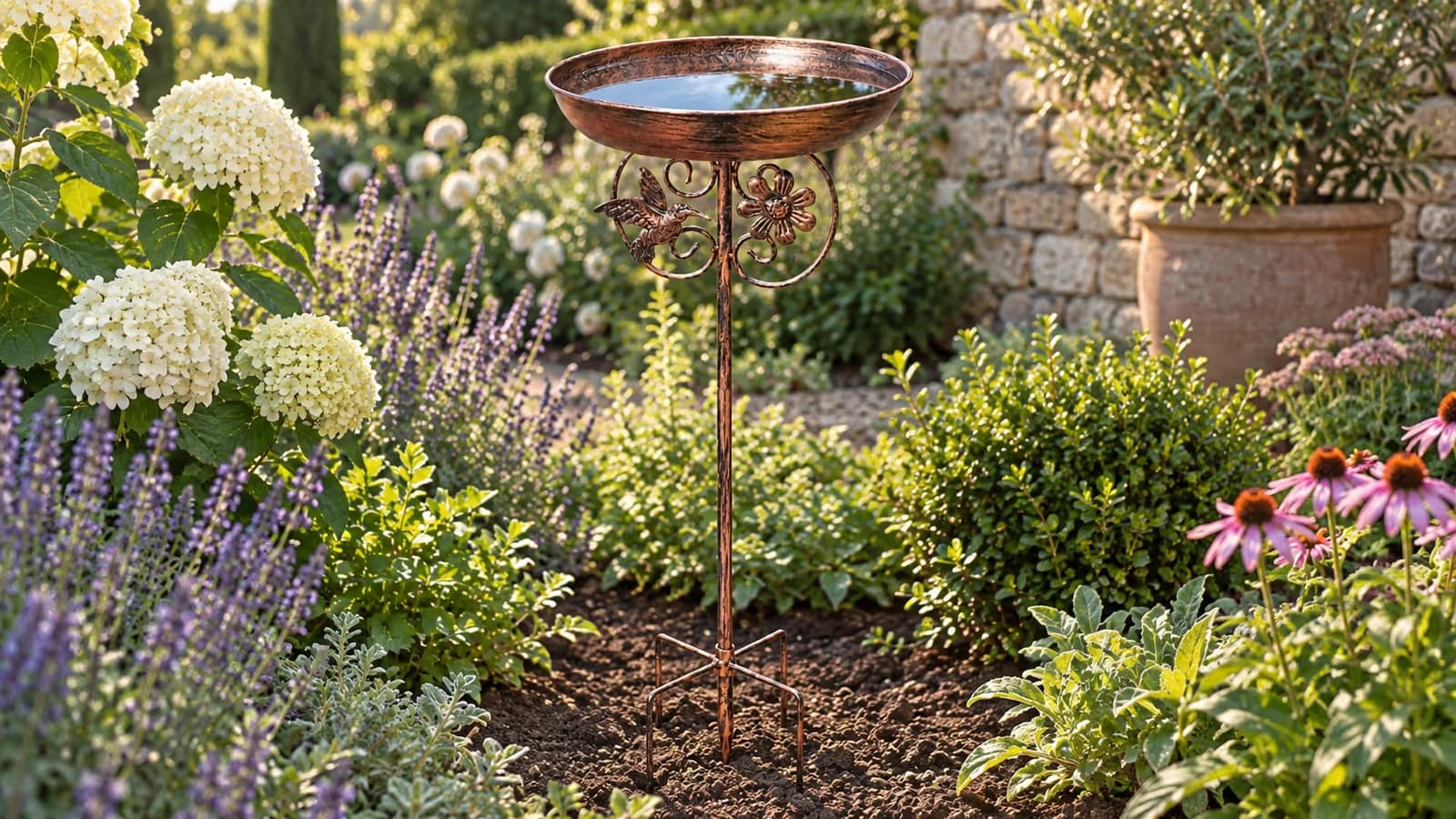 Vasque de métal patiné sur sa tige dans une plate-bande, fond d'eau immobile et sans oiseau, lumière douce de fin d'après-midi