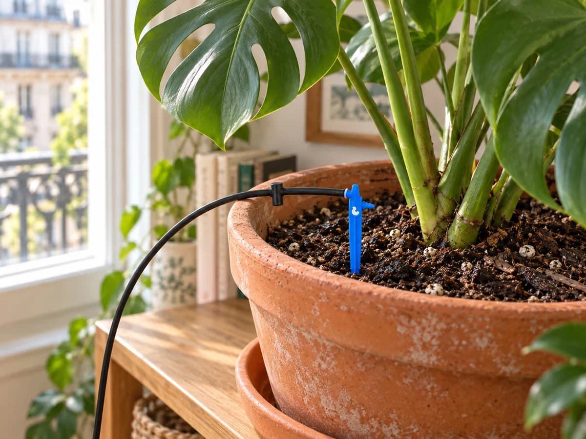 Goutteur bleu piqué au bord d'un pot de monstera, soucoupe vide dessous, terreau foncé humide