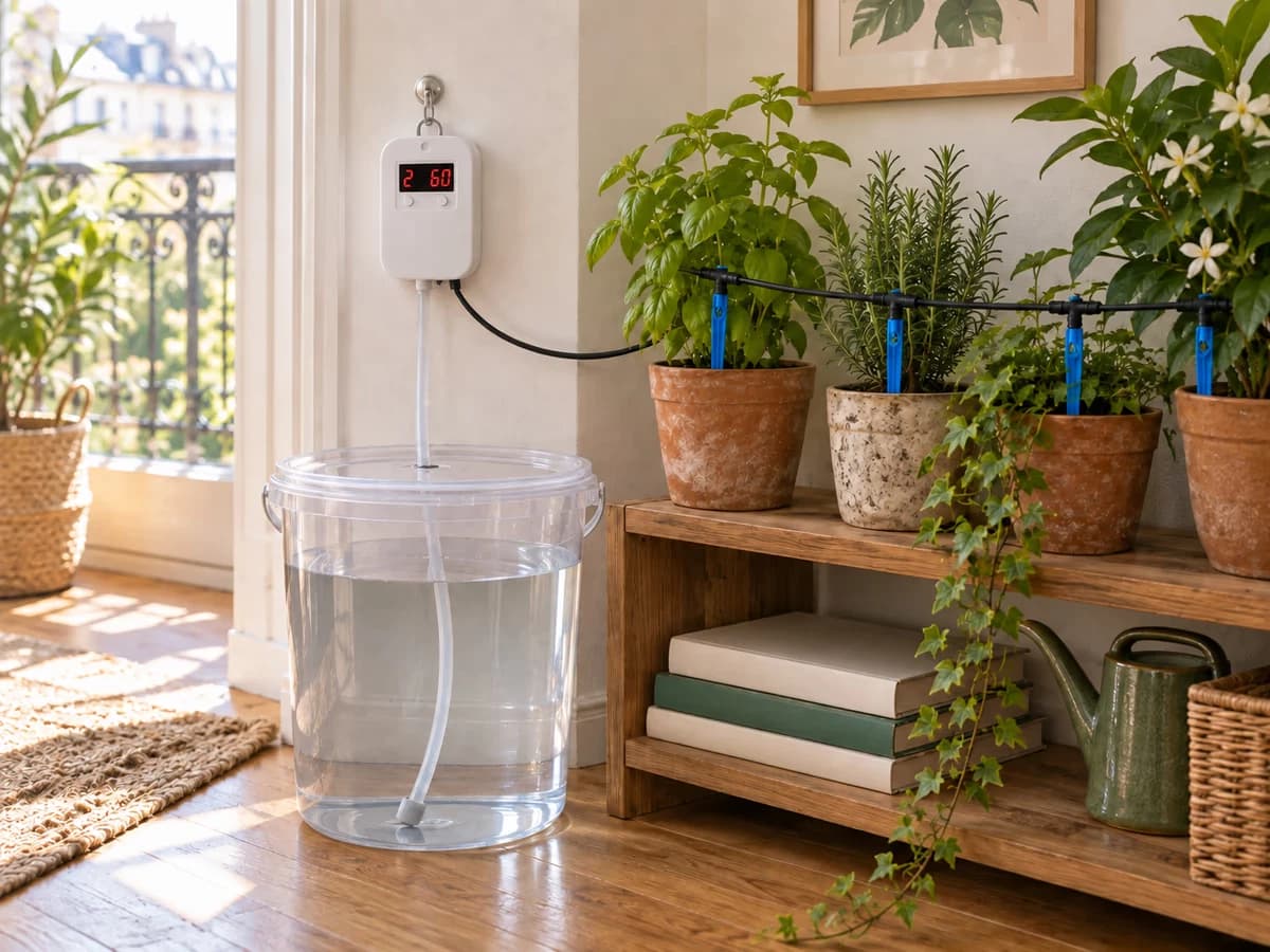 Seau d'eau transparent fermé par un couvercle, boîtier suspendu au crochet au-dessus, tuyau plongeant