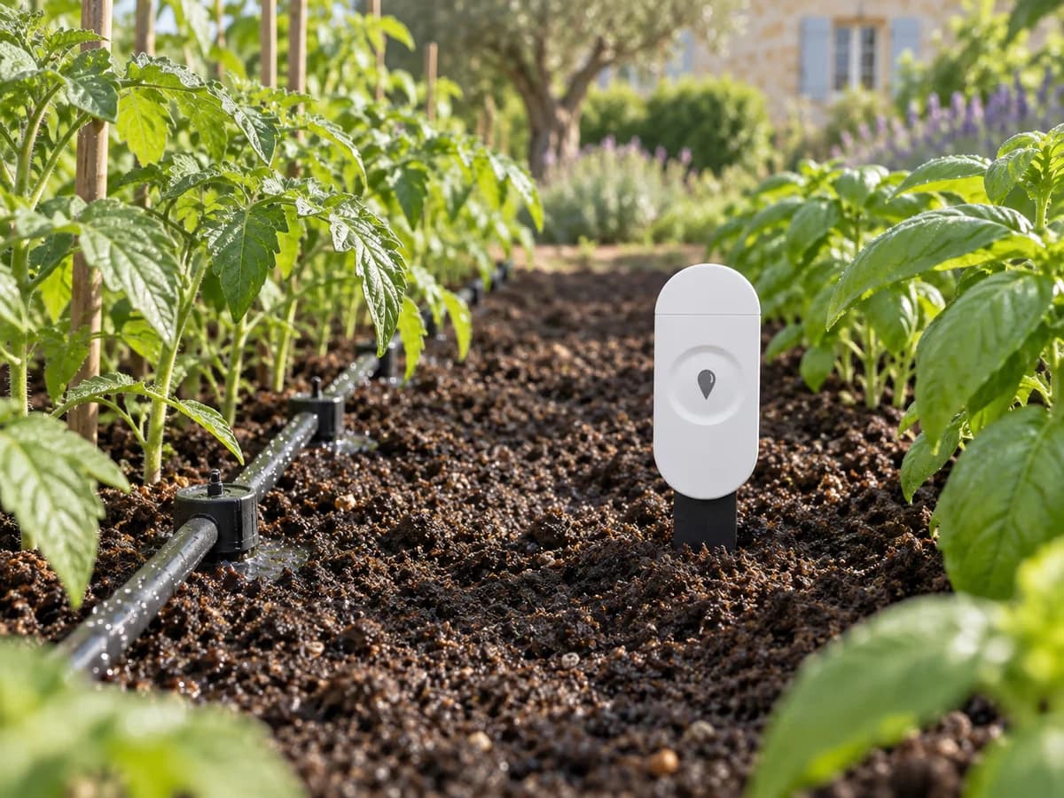 Ligne de goutte-à-goutte courant dans une planche de potager, capteur de sol planté à bonne distance de la rampe, terre fraîche entre les rangs