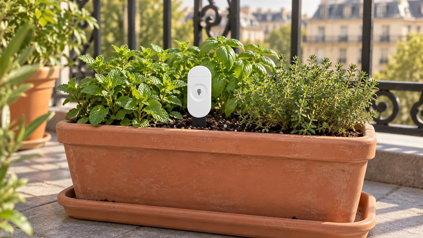 Capteur de sol blanc planté dans une jardinière de terrasse en été, boîtier dressé hors de la terre et soucoupe sèche sous le pot