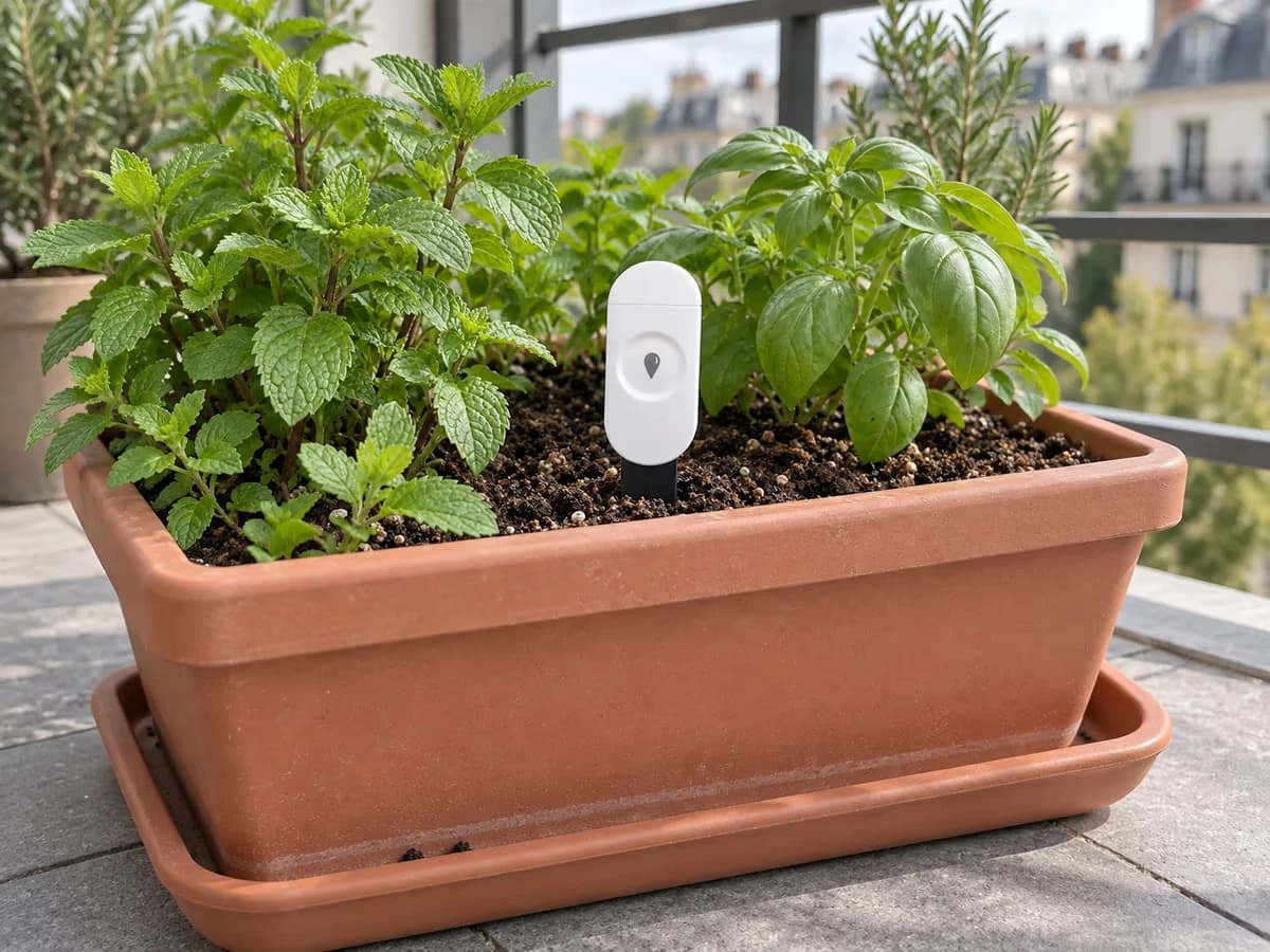 Jardinière de balcon posée sur une soucoupe vide, capteur de sol blanc planté dans la terre et boîtier dégagé au-dessus du feuillage