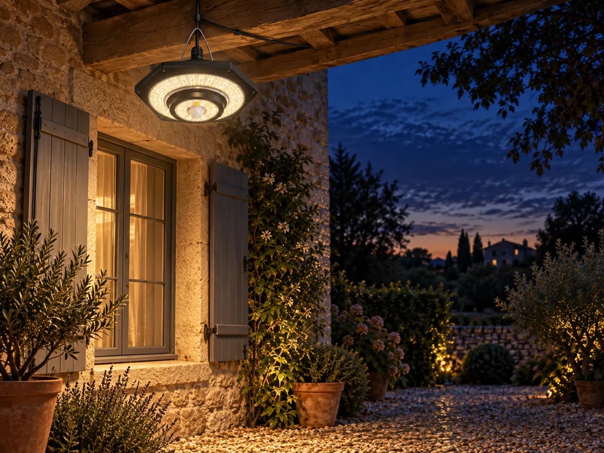 Lampe solaire suspendue allumée sous un auvent, halo tombant sur le mur à côté d'une fenêtre de maison à la nuit tombée