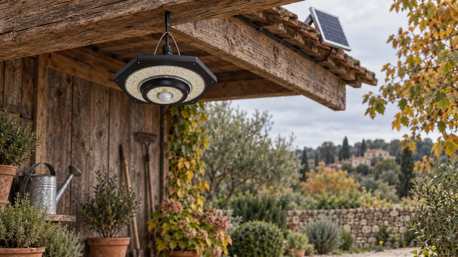 Lampe solaire à pans suspendue par son anneau sous la panne d'un appentis, panneau déporté posé sur le toit