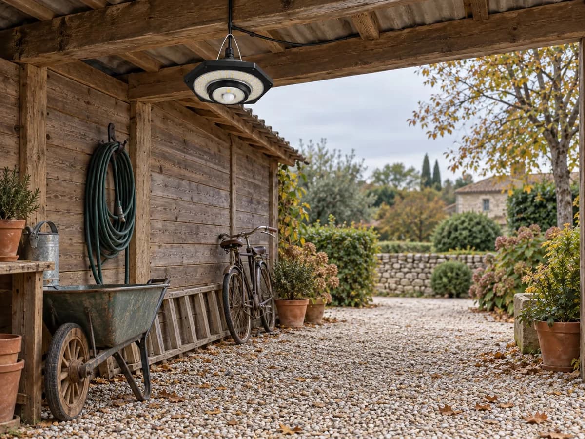 Lampe solaire suspendue sous la panne d'un appentis, passage encombré d'une brouette et d'un vélo rangés contre le mur