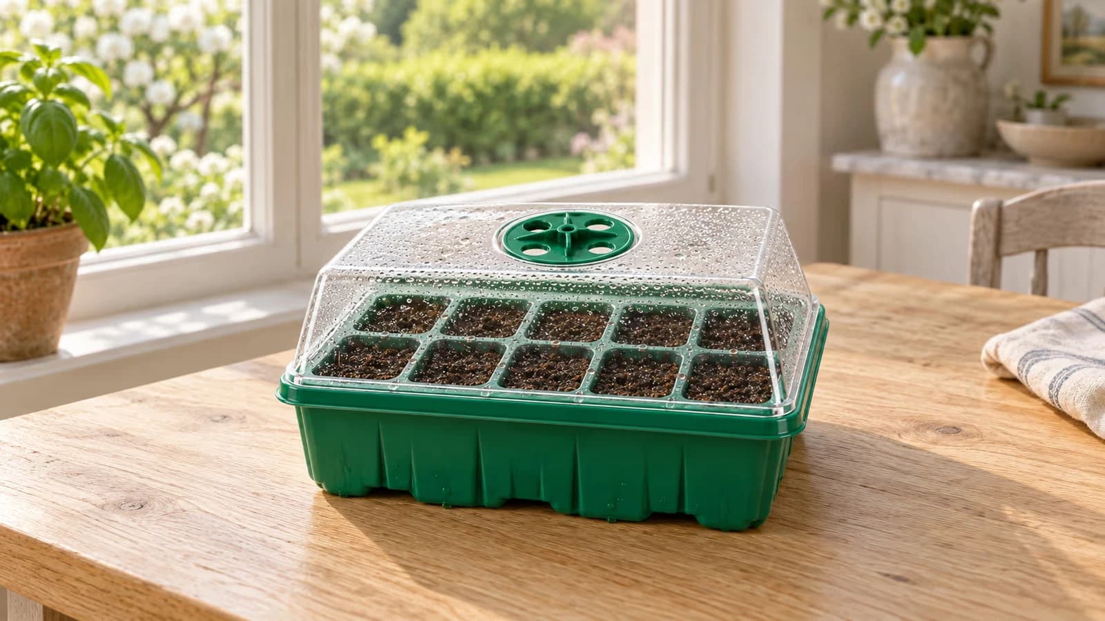 Mini serre de germination verte assemblée sur une table en bois, près d'une fenêtre lumineuse