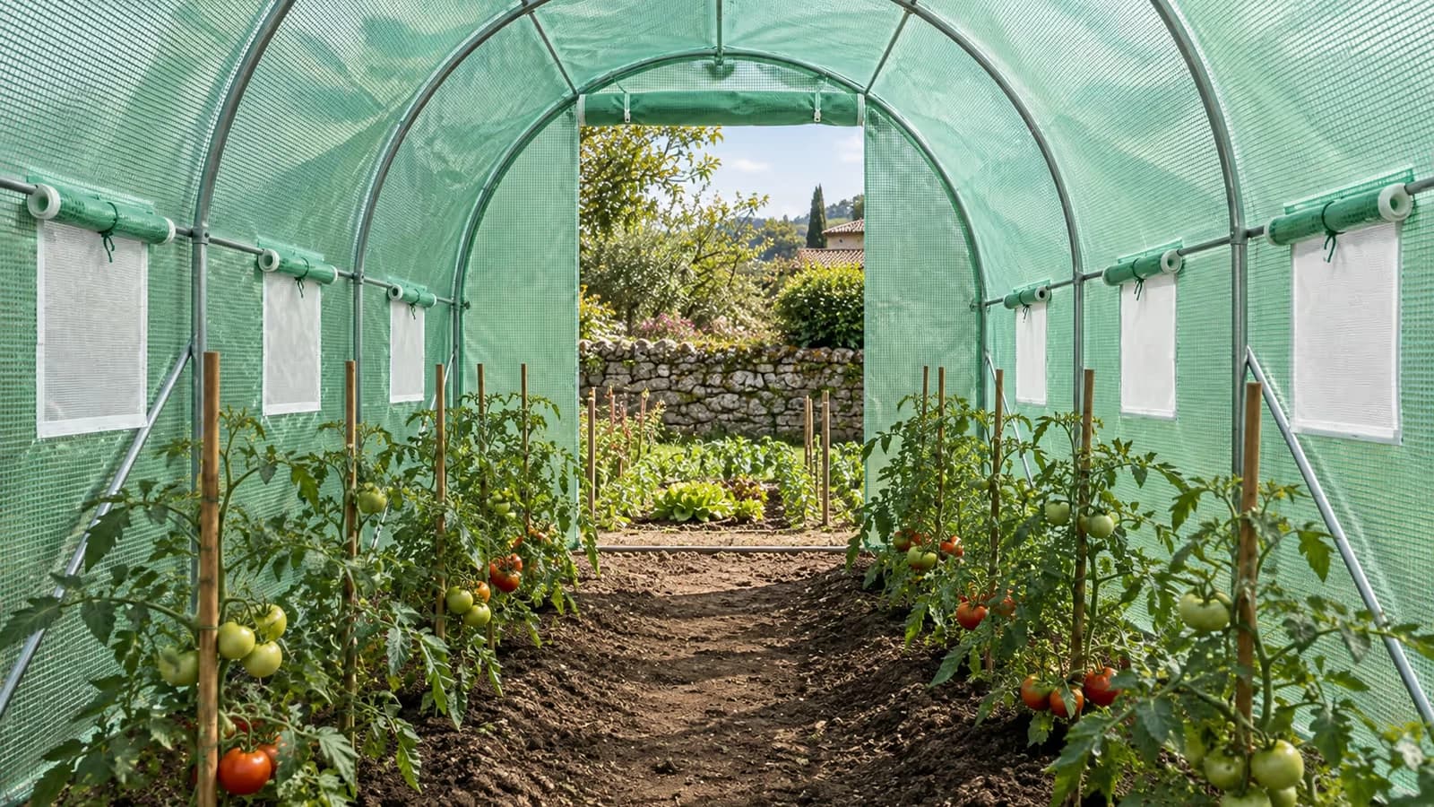 Intérieur d'une serre tunnel de marche en été, porte enroulée et fenêtres à maille ouvertes, plants de tomates en rangs